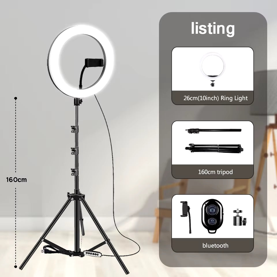 10" 26Cm LED Selfie Ring Light with 10 Brightness Modes – Adjustable Photography & Video Light, Phone Stand, Tripod, Dimmable Ring for Streaming and Content Creation