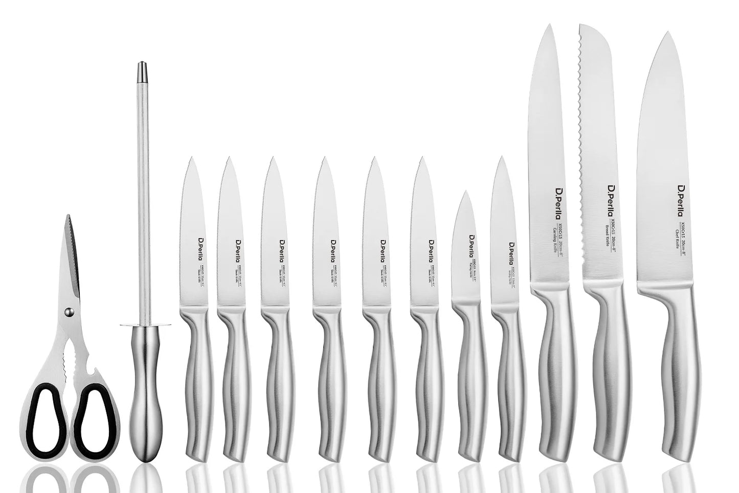 High Carbon Full Stainless Steel14-Piece Super Sharp Cutlery Set with Acrylic Stand – Silver Finish