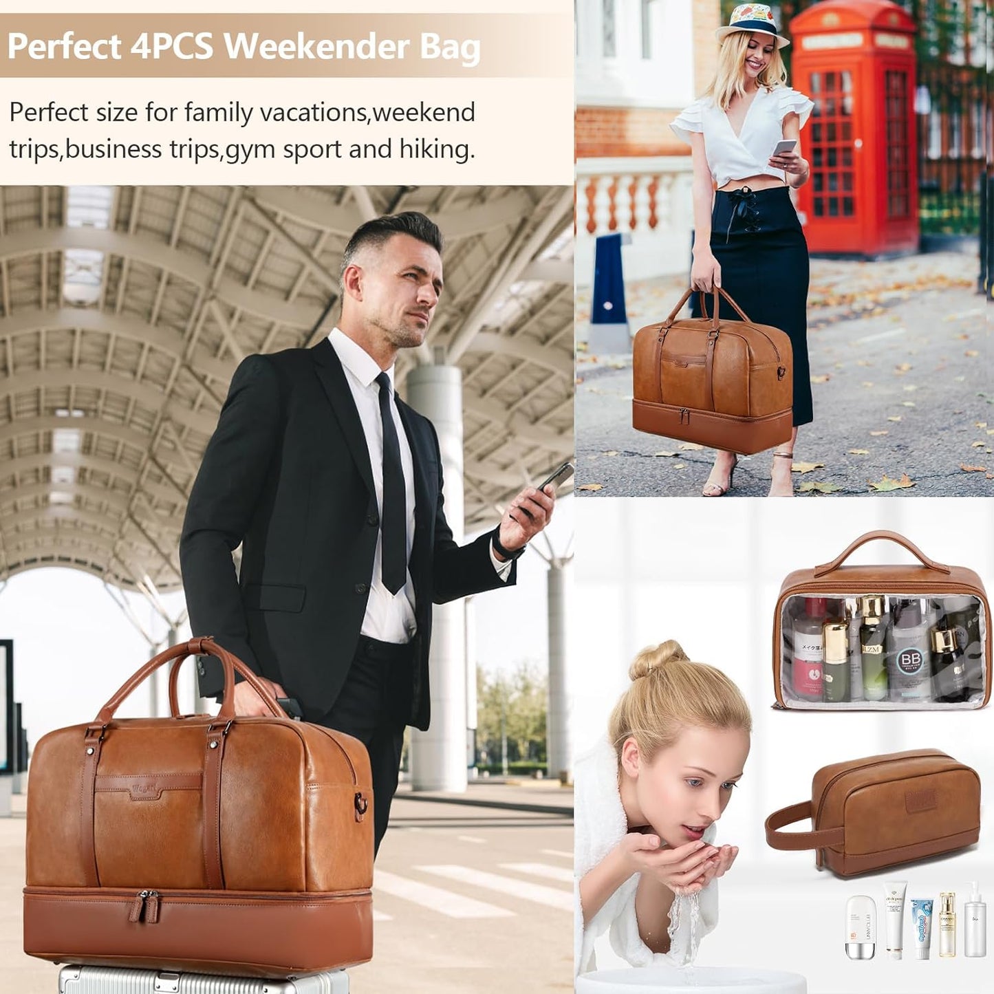 4-PCS Travel Bag set CHOOSE YOUR COLOR with Duffel, Toiletry Bag, and Carry-on. Fits Laptops up to 21 inches. Waterproof and stylish for weekend trips or business travel.