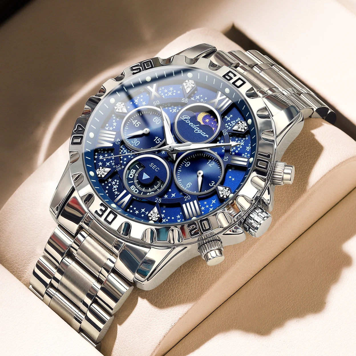 "Classic Multicolor Elegant Men's Watch, Large Colorful Face, Stainless Steel Strap, Water-Resistant with Luminous Day and Date"