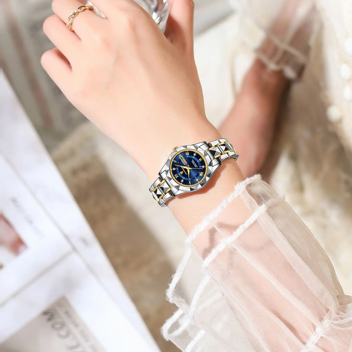 Unique Luxury Water-Resistant Ladies Dress Watch - Glow in the Dark Hands, Luminous, Waterproof, Week & Date Function, Stainless Steel Quartz Wristwatch for Women with Box
