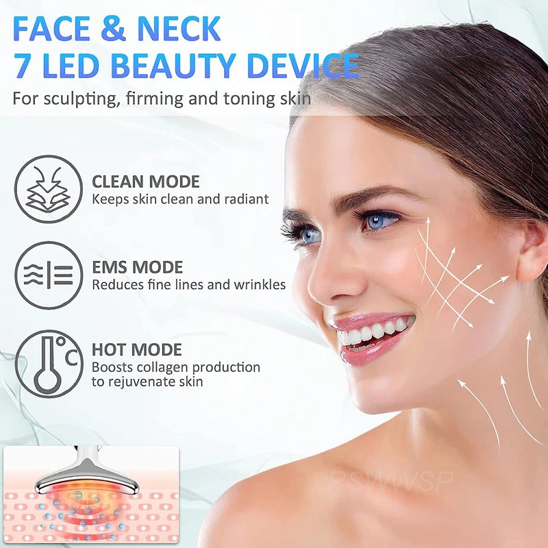 Mini Facial Toning & Rejuvenation Device Pro – Neck & Face Beauty Massager, Sculpting Tool for Double Chin, 7 in 1 Color Modes, Thermal, Vibration & Microcurrent for Youthful Skin