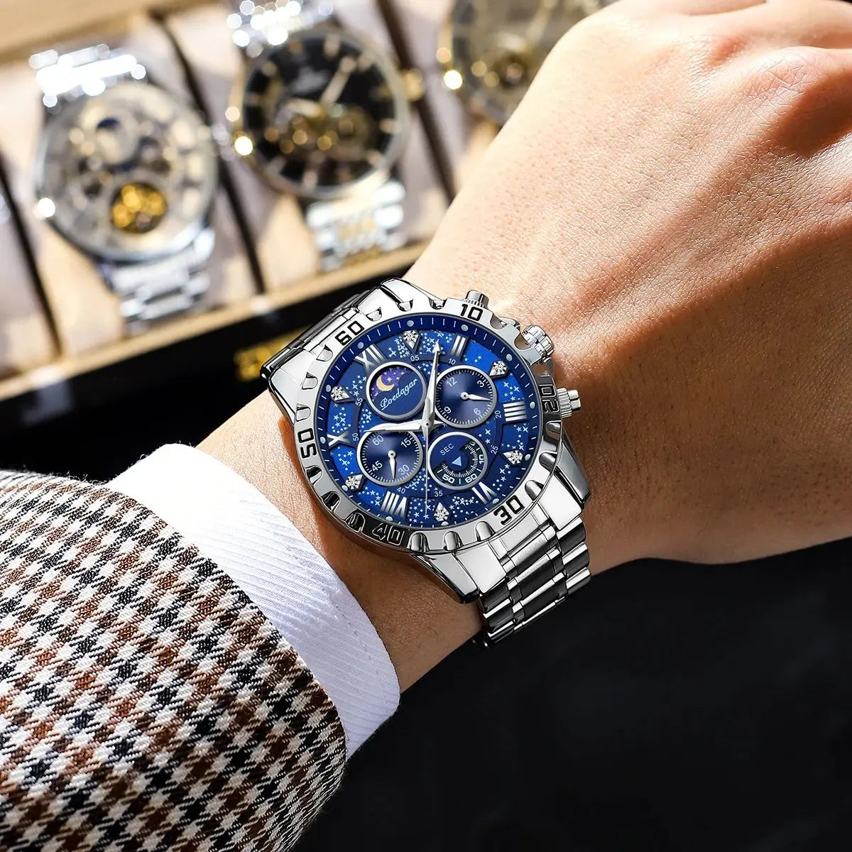 "Classic Multicolor Elegant Men's Watch, Large Colorful Face, Stainless Steel Strap, Water-Resistant with Luminous Day and Date"
