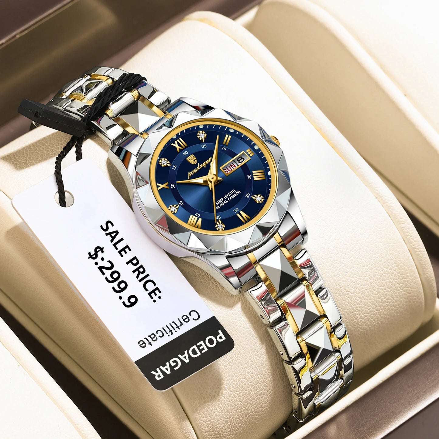 Unique Luxury Water-Resistant Ladies Dress Watch - Glow in the Dark Hands, Luminous, Waterproof, Week & Date Function, Stainless Steel Quartz Wristwatch for Women with Box