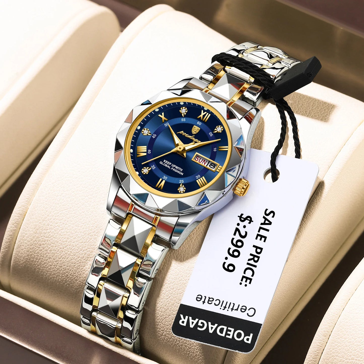 Unique Luxury Water-Resistant Ladies Dress Watch - Glow in the Dark Hands, Luminous, Waterproof, Week & Date Function, Stainless Steel Quartz Wristwatch for Women with Box