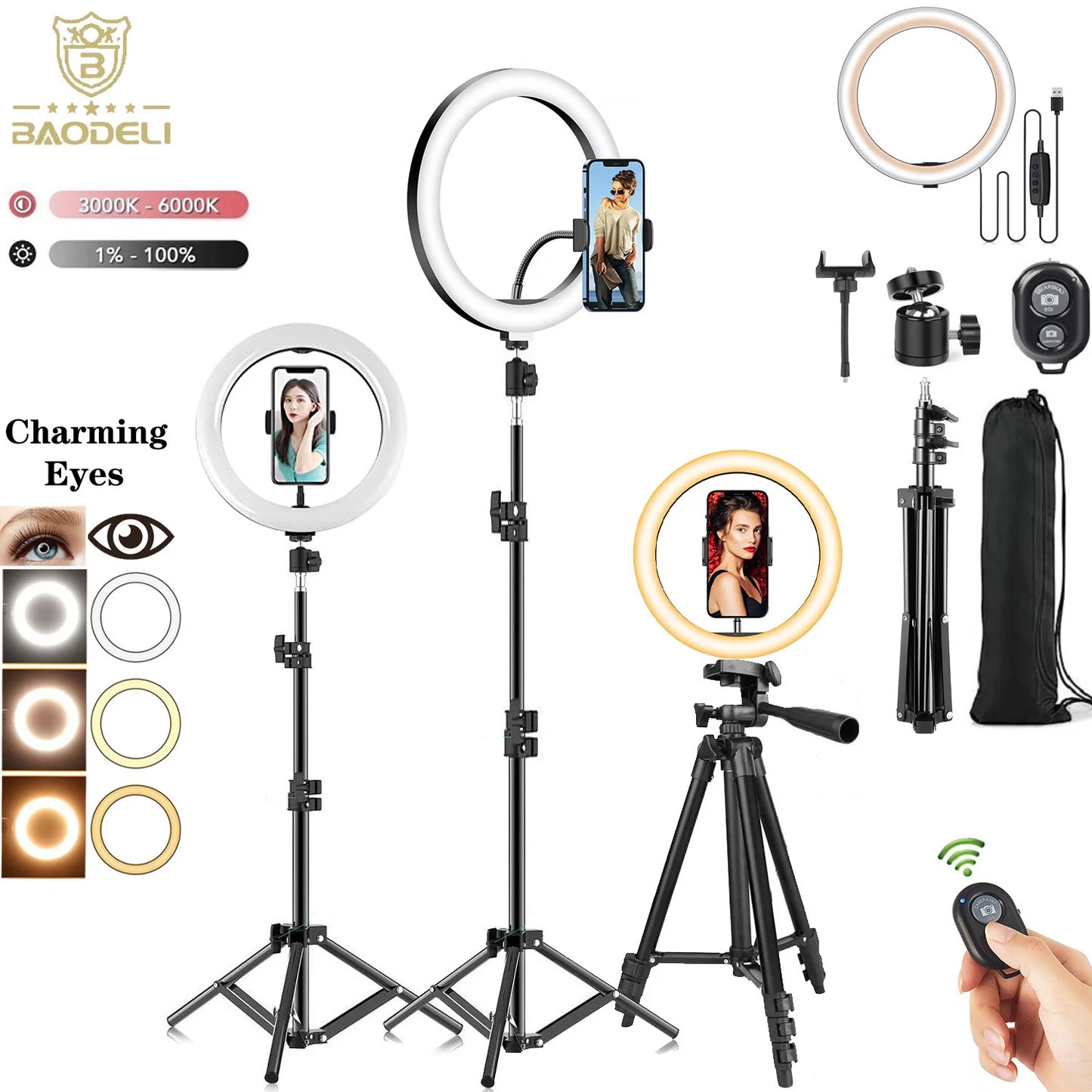 10" 26Cm LED Selfie Ring Light with 10 Brightness Modes – Adjustable Photography & Video Light, Phone Stand, Tripod, Dimmable Ring for Streaming and Content Creation