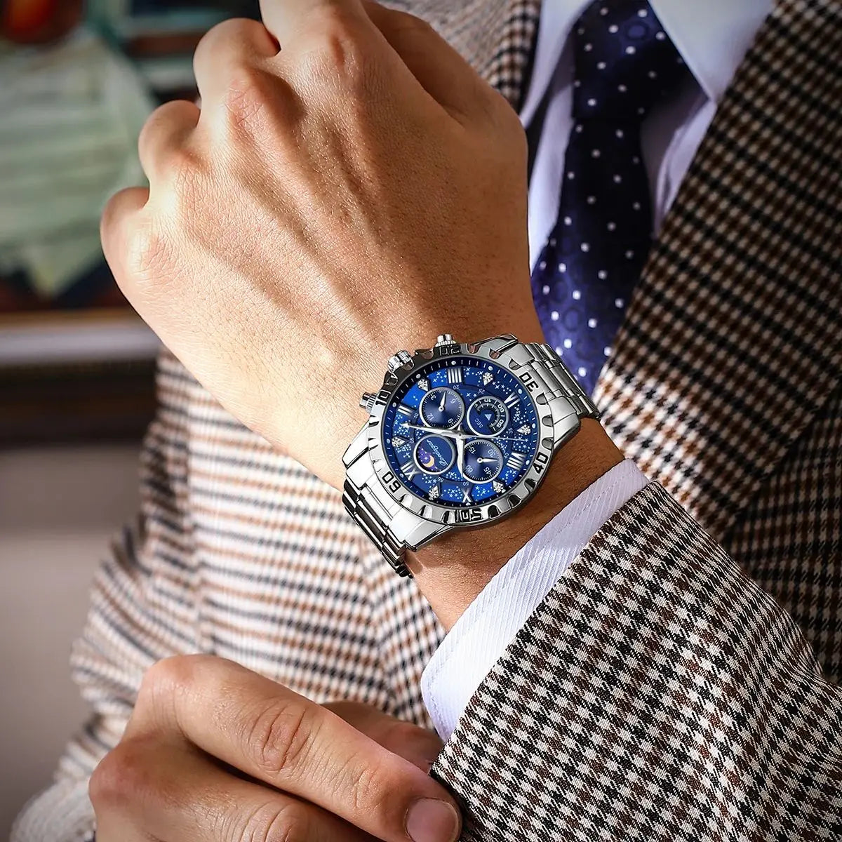 "Classic Multicolor Elegant Men's Watch, Large Colorful Face, Stainless Steel Strap, Water-Resistant with Luminous Day and Date"