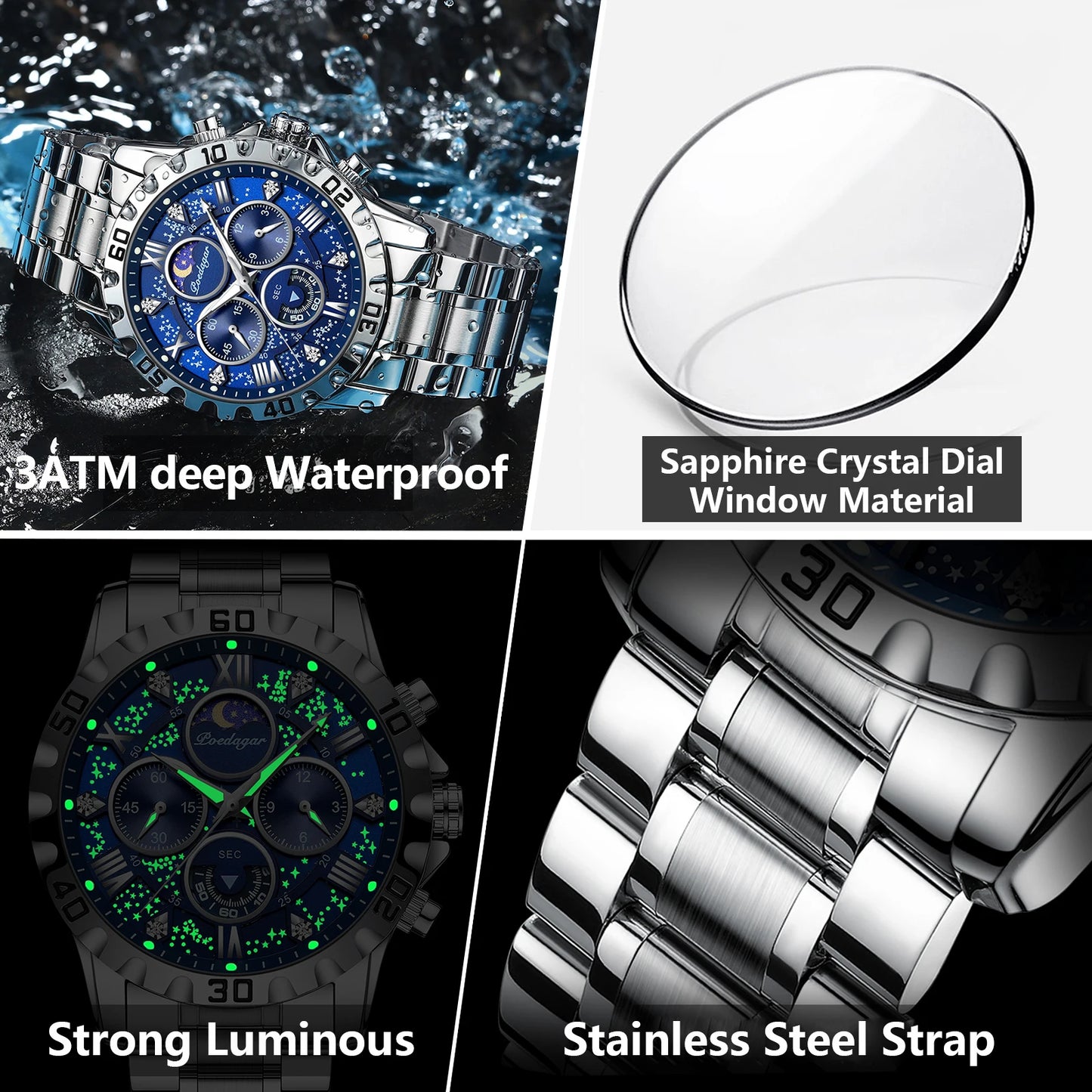 "Classic Multicolor Elegant Men's Watch, Large Colorful Face, Stainless Steel Strap, Water-Resistant with Luminous Day and Date"