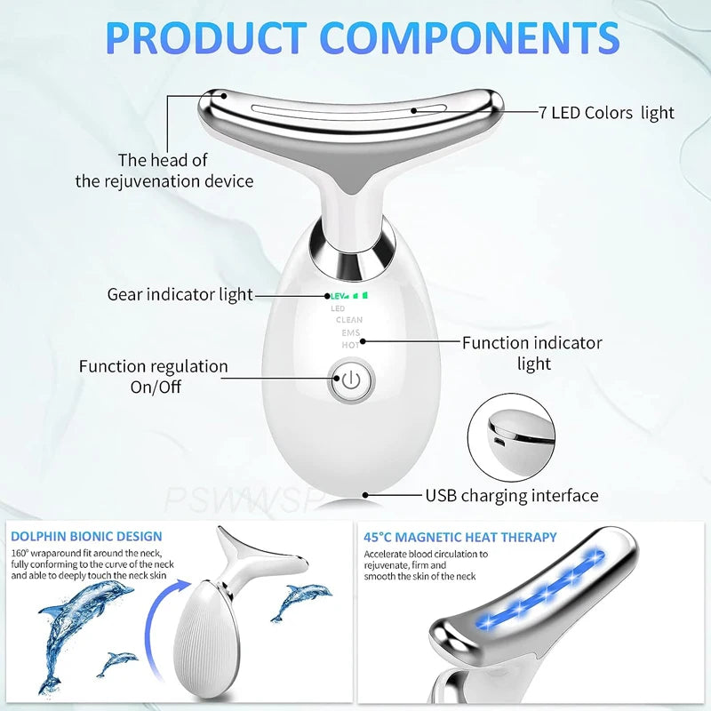Mini Facial Toning & Rejuvenation Device Pro – Neck & Face Beauty Massager, Sculpting Tool for Double Chin, 7 in 1 Color Modes, Thermal, Vibration & Microcurrent for Youthful Skin
