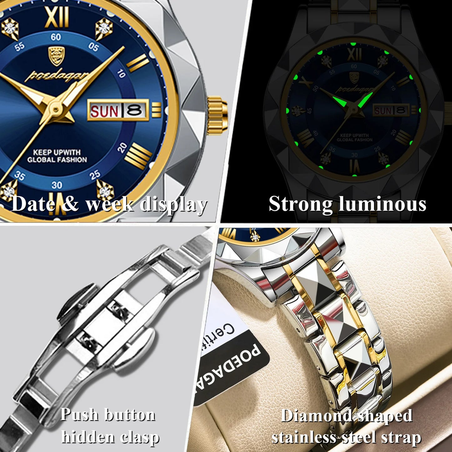 Unique Luxury Water-Resistant Ladies Dress Watch - Glow in the Dark Hands, Luminous, Waterproof, Week & Date Function, Stainless Steel Quartz Wristwatch for Women with Box