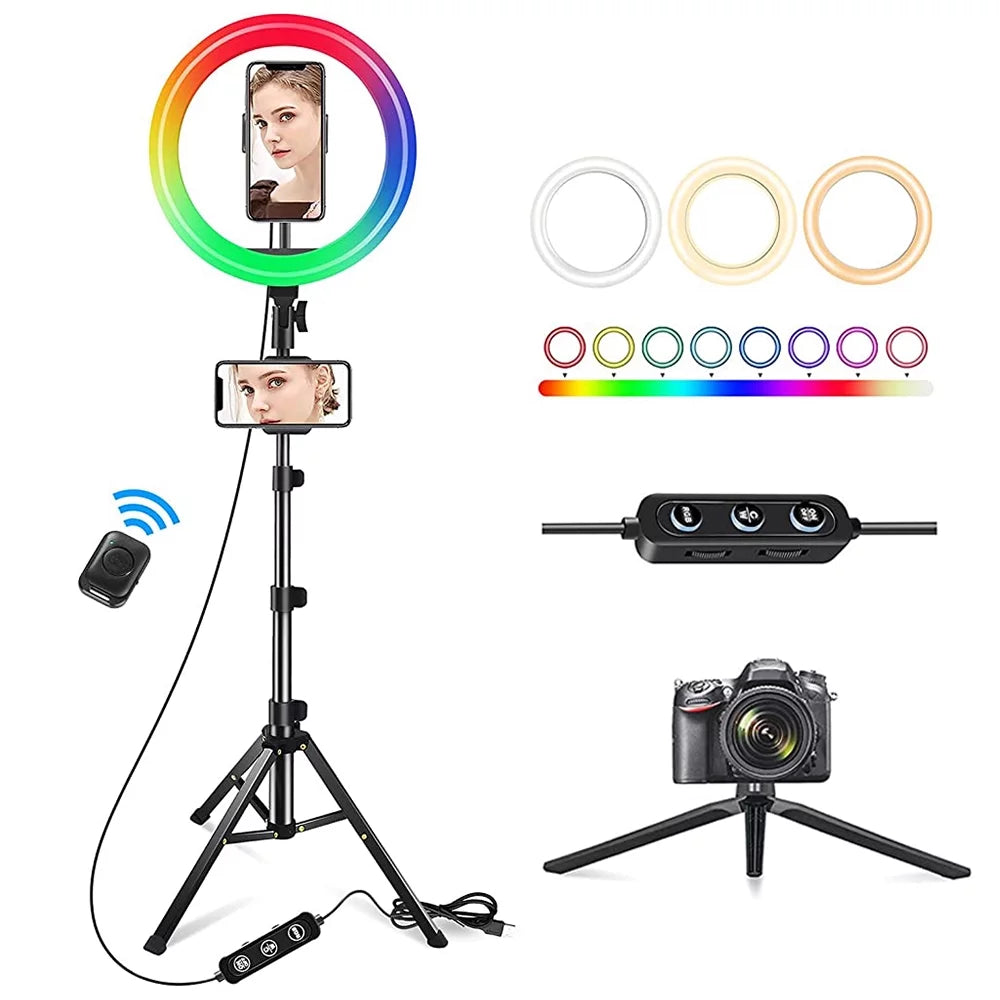 13" Dimmable RGB LED Ring Light with Extendable Tripod & Phone Holder, with 10 Brightness Level, 26 Light Modes and Dimmable.