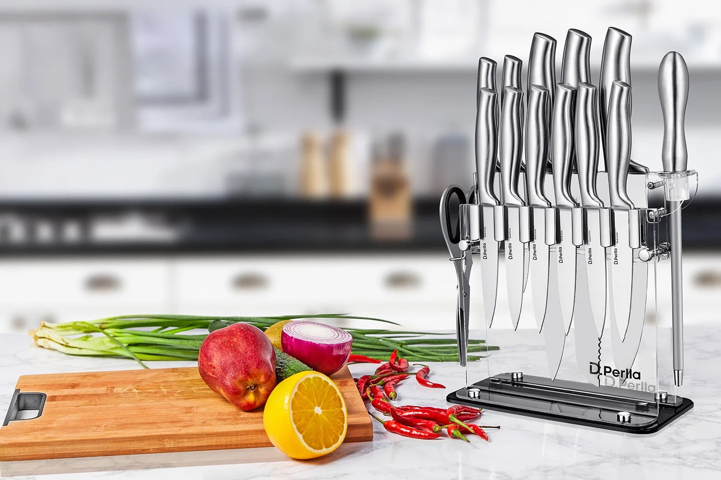 High Carbon Full Stainless Steel14-Piece Super Sharp Cutlery Set with Acrylic Stand – Silver Finish