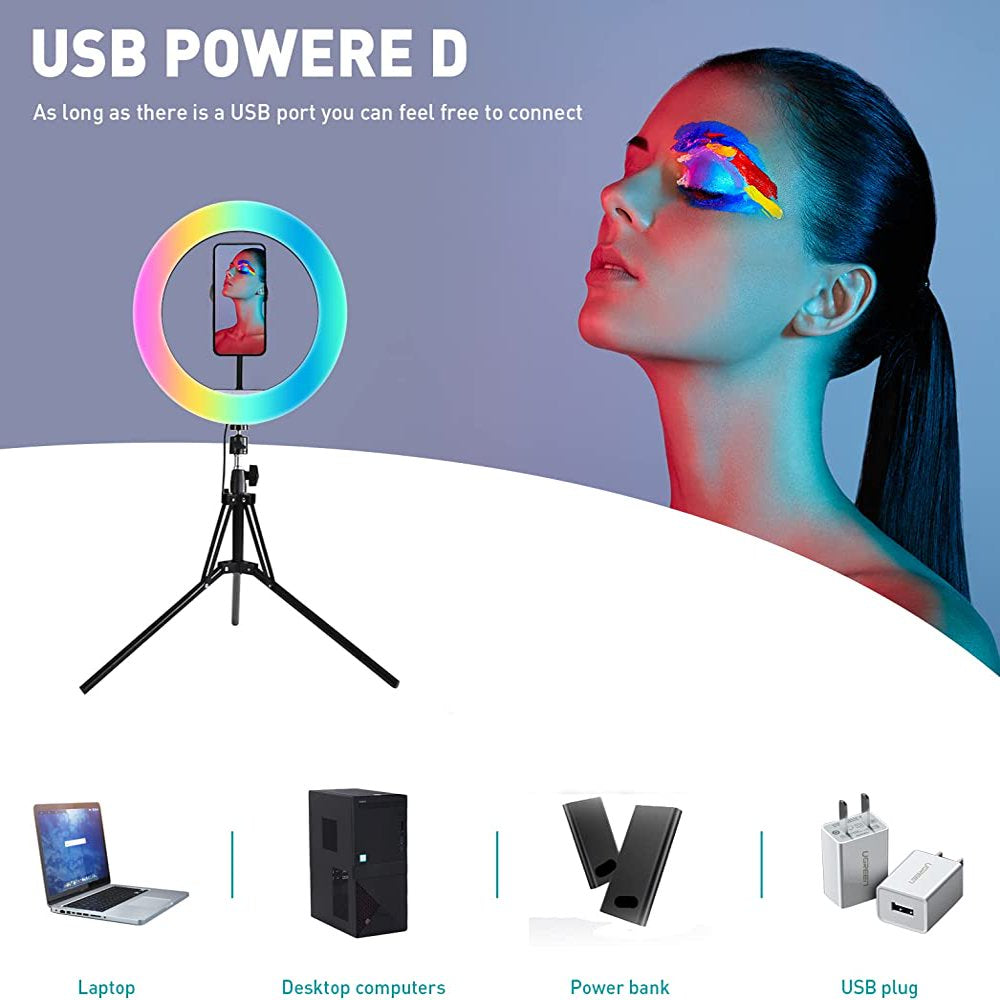 13" Dimmable RGB LED Ring Light with Extendable Tripod & Phone Holder, with 10 Brightness Level, 26 Light Modes and Dimmable.
